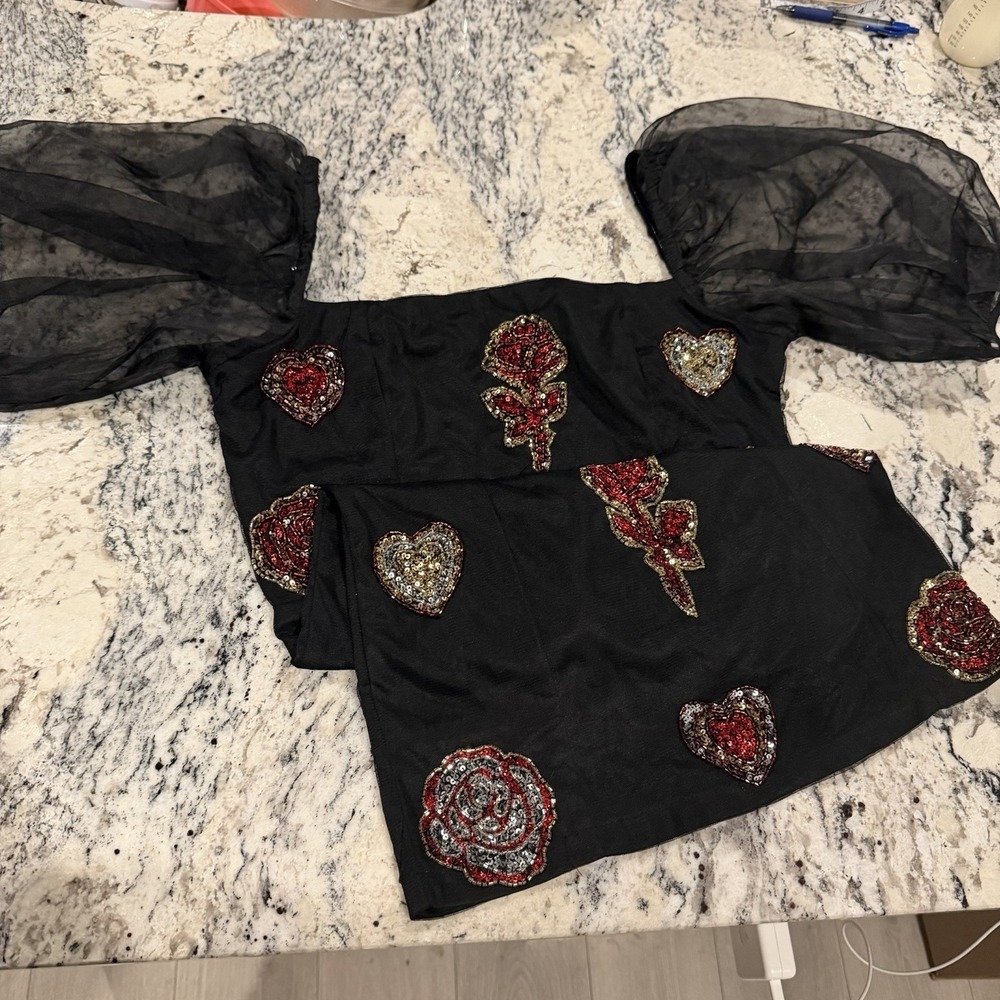 ASOS Black Rose Appliqué Puff Sleeve Bodycon Mini Dress NWT size 12 Fits Like S - Picture 6 of 16